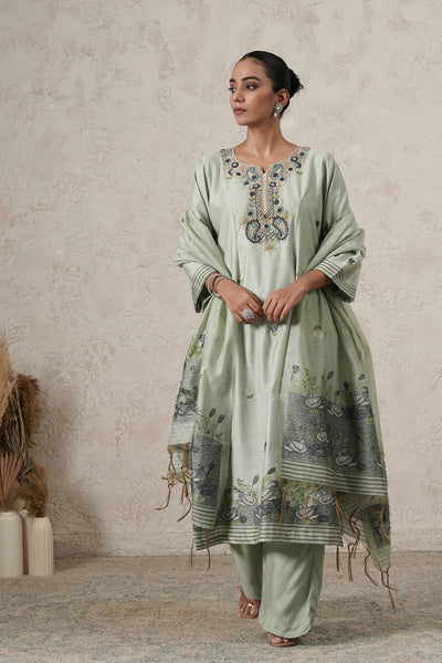 Dhaani Hand-Embroidered Kurta Set with Pants &amp; Dupatta | Sage Green | Chanderi &amp; Satin | Women | THETAA