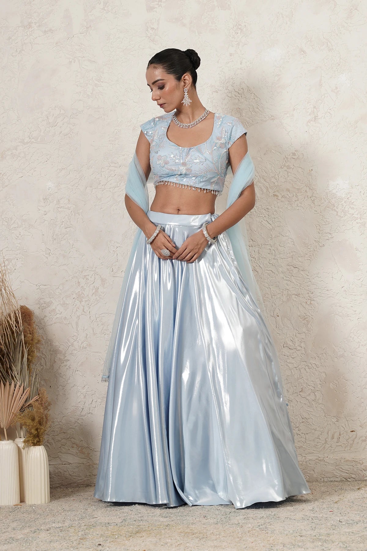 Dariya Metallic Lehenga Set with Hand-Embroidered Blouse & Dupatta | Sea Blue | Polyester & Net | Women | THETAA