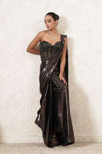 Siyahi Pre-Draped Saree with Hand-Embroidered Corset Blouse | Gunmetal & Black | Imported Net | Women | THETAA