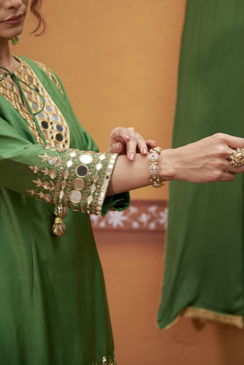 Mirror work hand embroidery green kurta set image 3