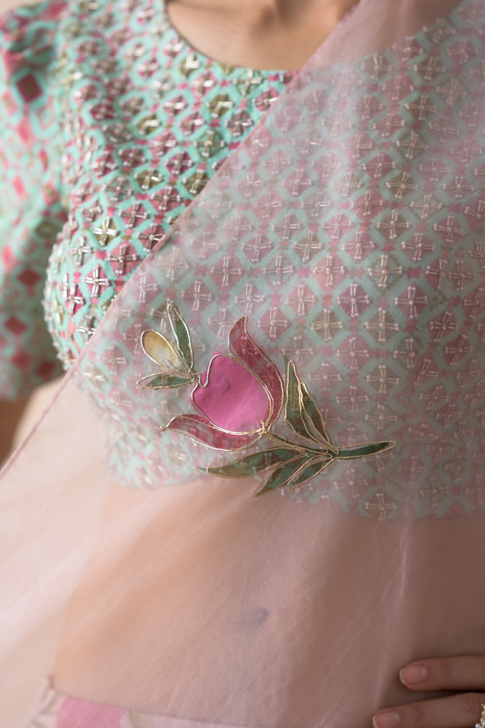 Embroidered blouse with organza lehenga, dupatta image 16