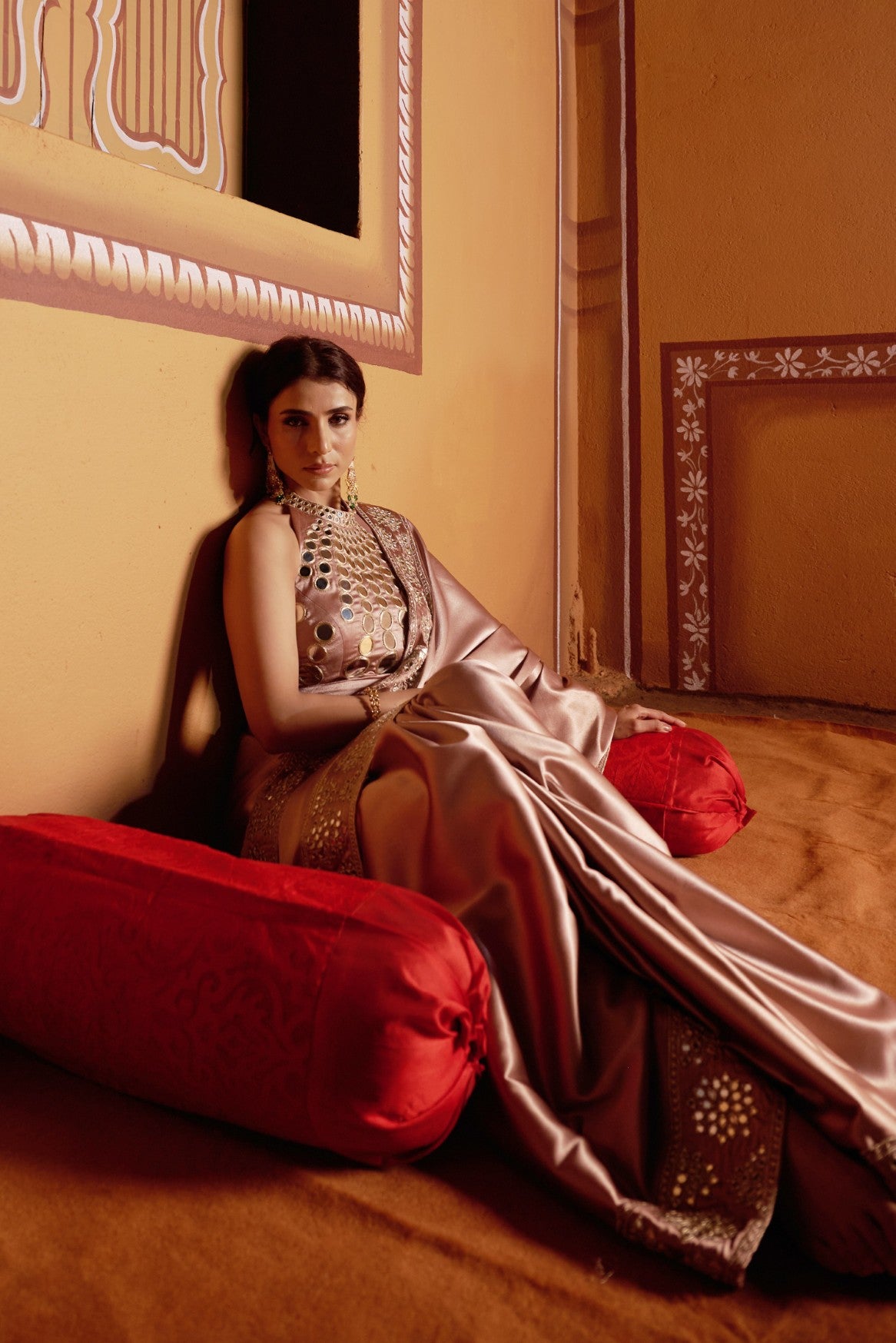 Sun ray hand embroidered blouse with mirror work border saree image 2