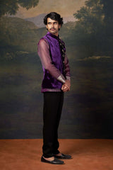 Hand-Embroidered Nehru Jacket with embrodiered organza shirt and pants image 3