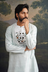 Hand embroidered Mint Green mirror work kurta pajama with Nehru jacket image 0