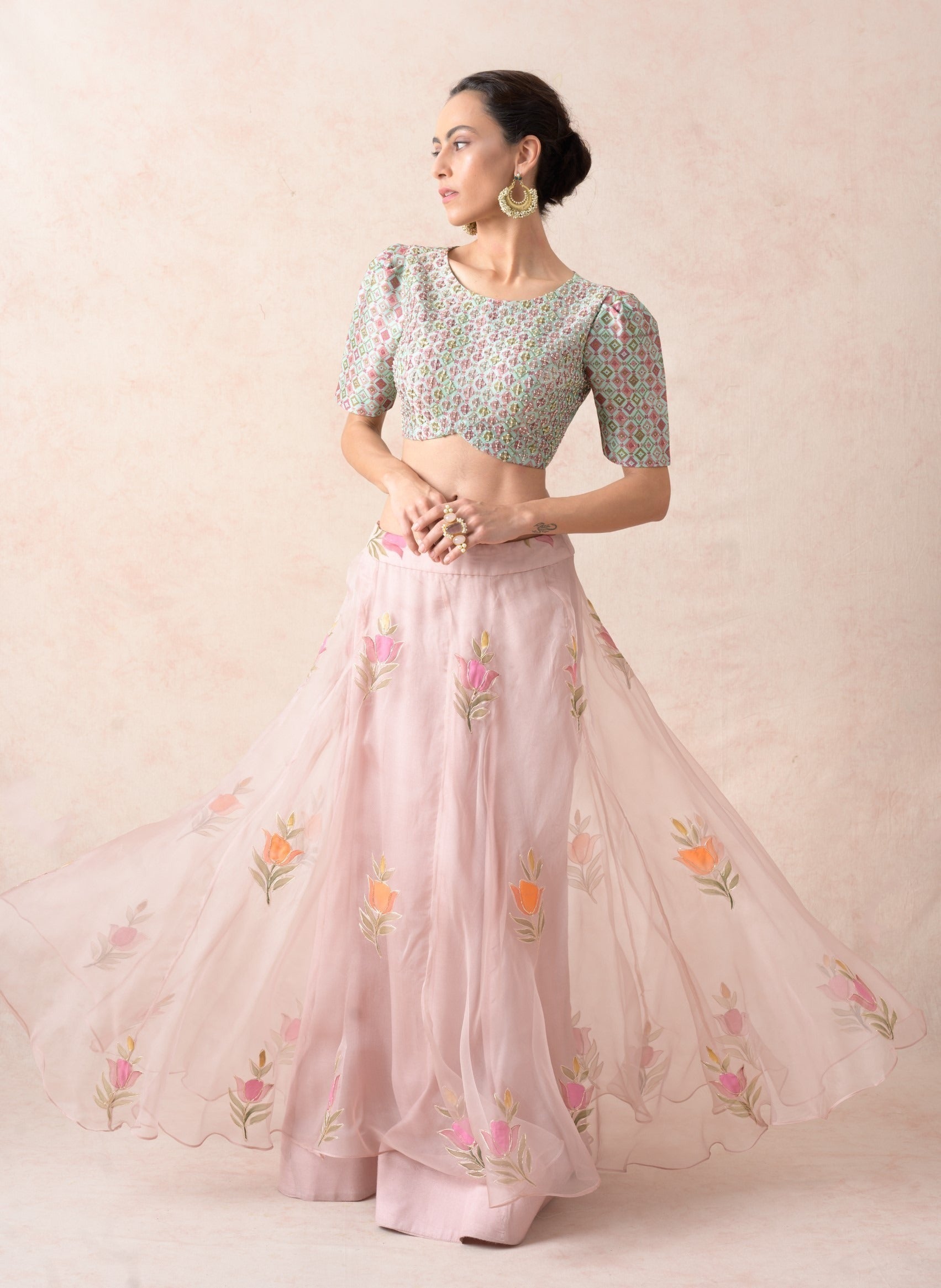 Embroidered blouse with organza lehenga, dupatta image 7