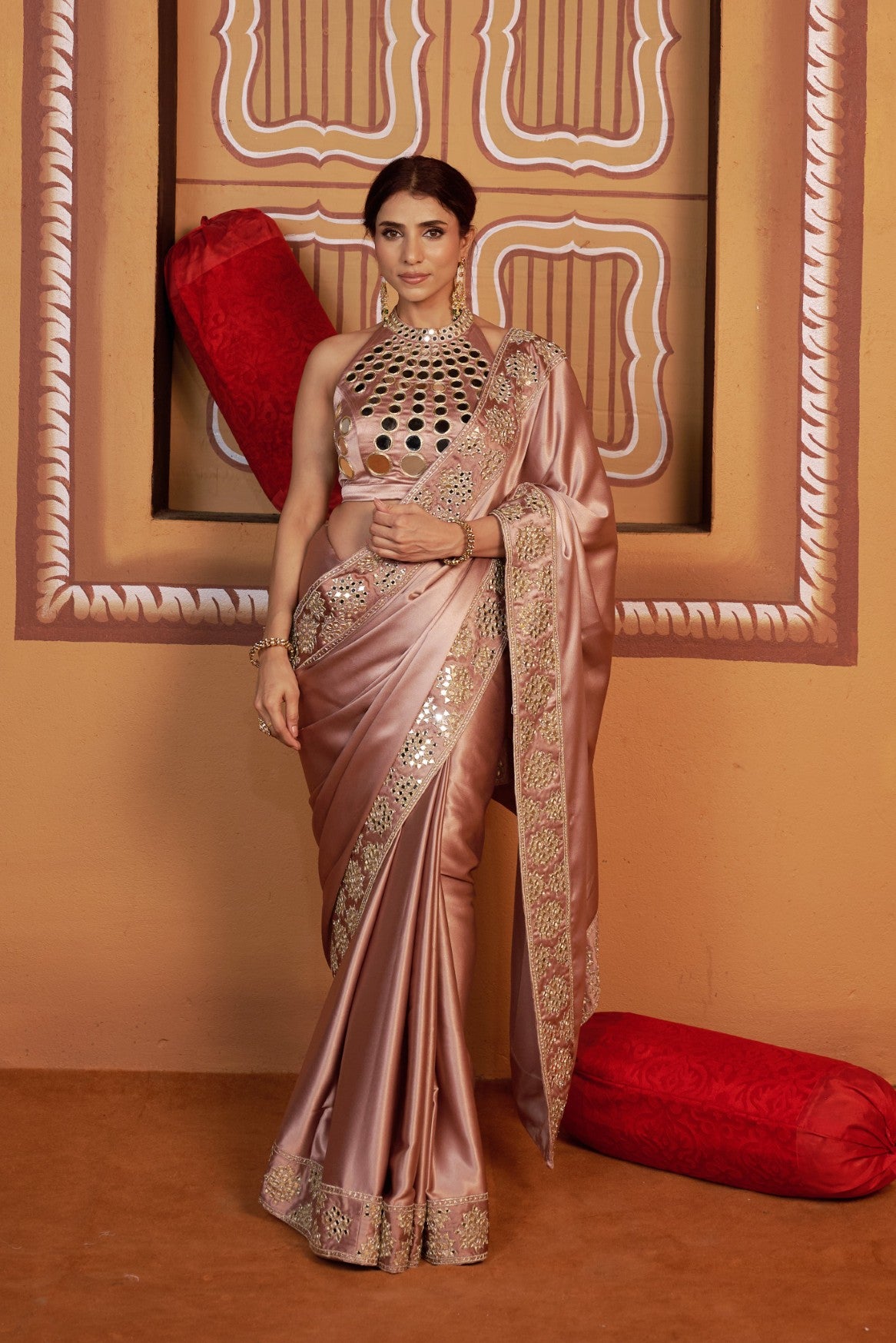 Sun ray hand embroidered blouse with mirror work border saree image 8