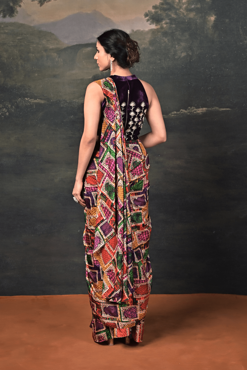 Hand-Embroidered Halter Neck Velvet Blouse with Pure Silk Jharokha Pre-Draped Saree image 6