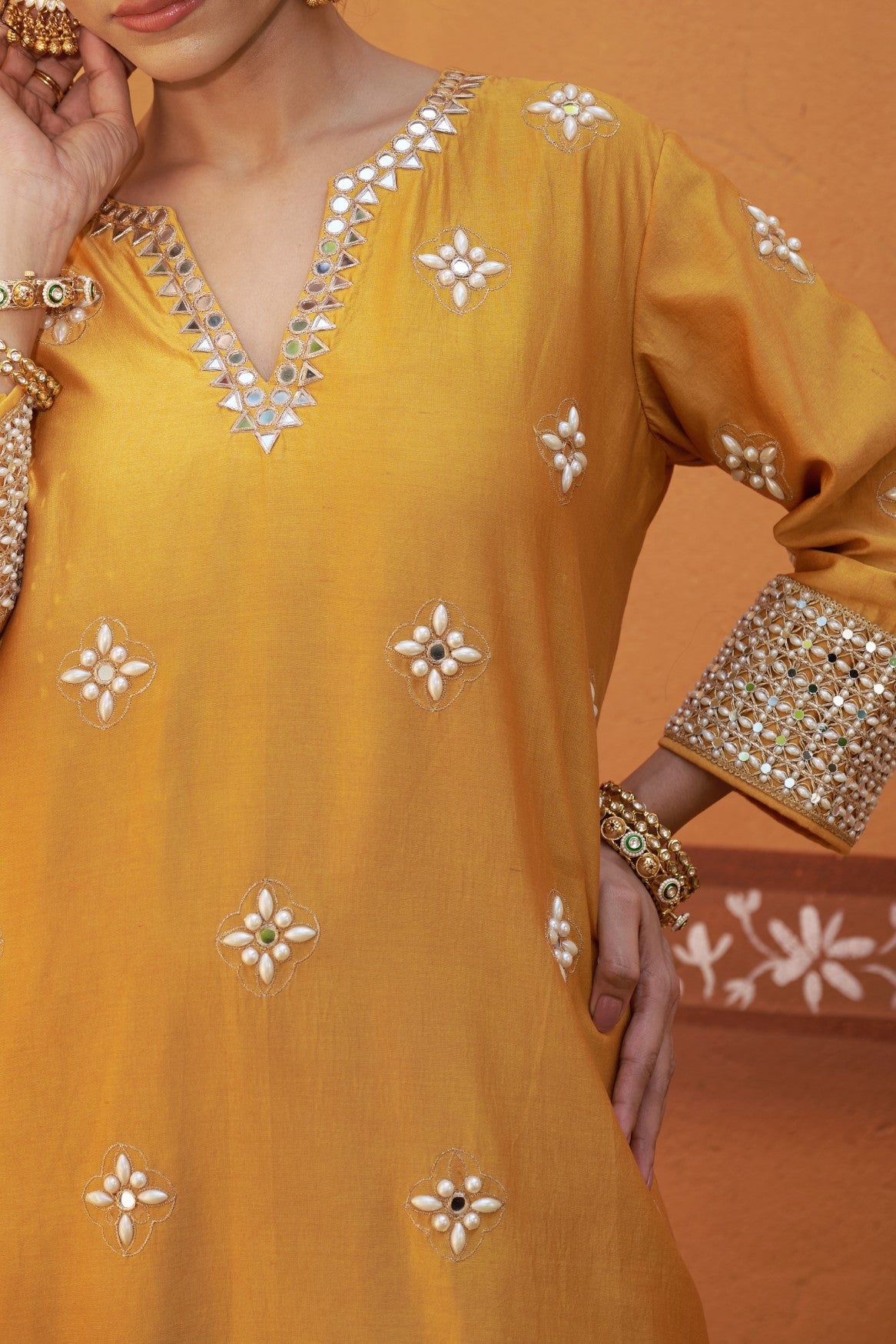 Golden yellow hand embroidered mirror work kurta set image 2