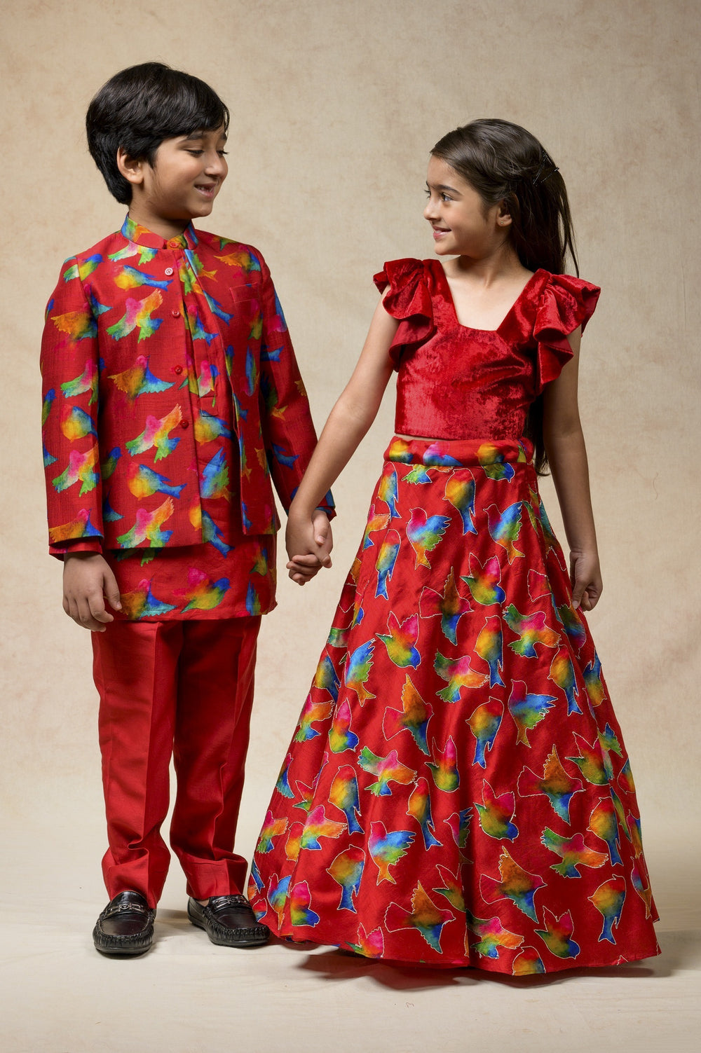 Hand Embroidered birds print twinning set for Sister + Brother image 1