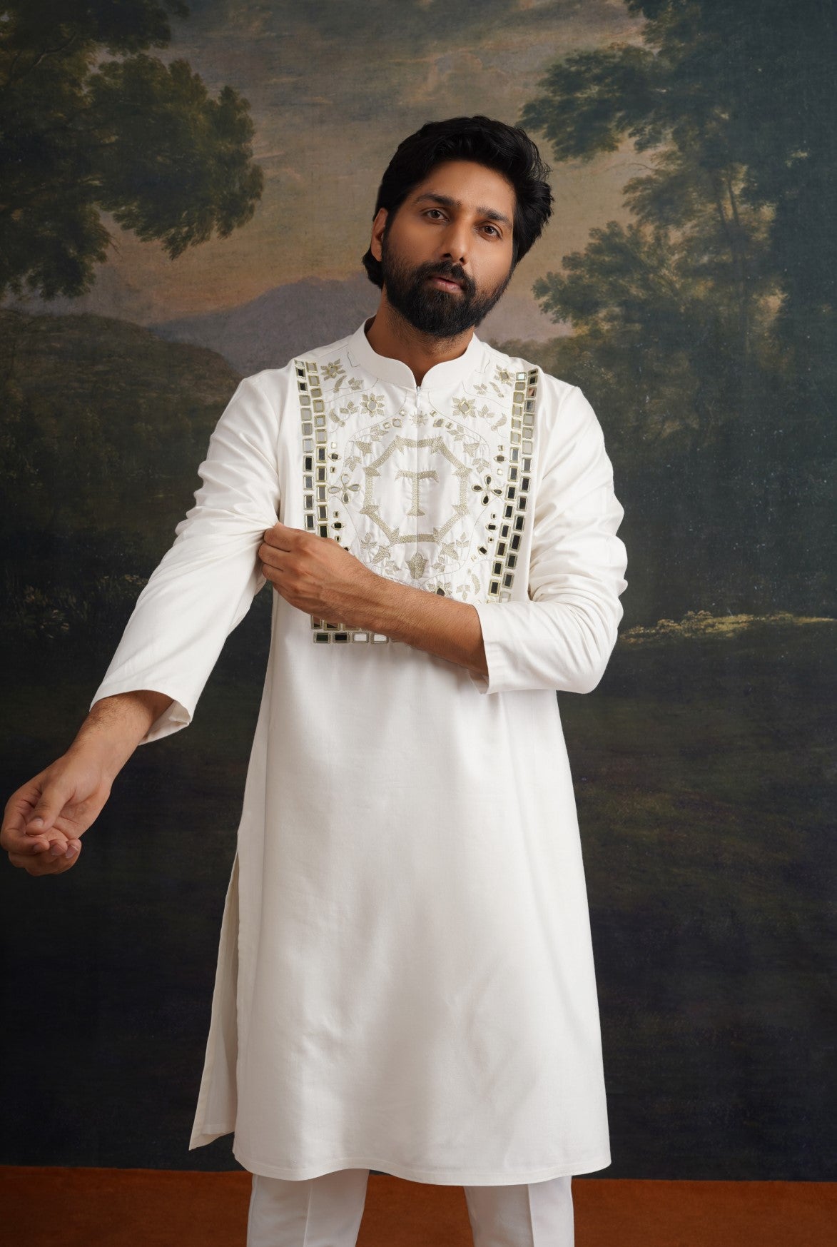 Ivory Hand-Embroidered Zari Work Logo Kurta with Matching Pant image 3