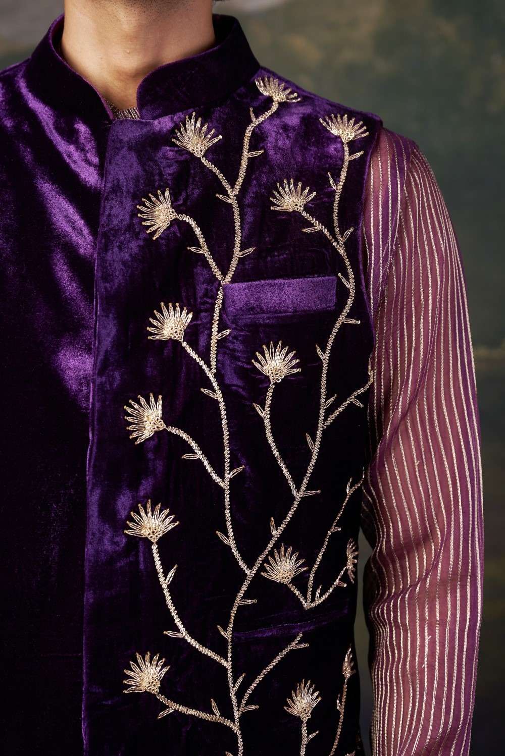 Hand-Embroidered Nehru Jacket with embrodiered organza shirt and pants image 4