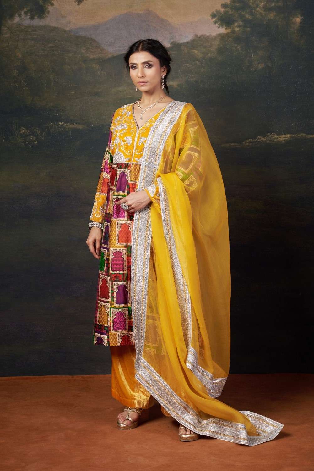 Hand-Embroidered Jharoka Print Yellow Kurta Set image 5