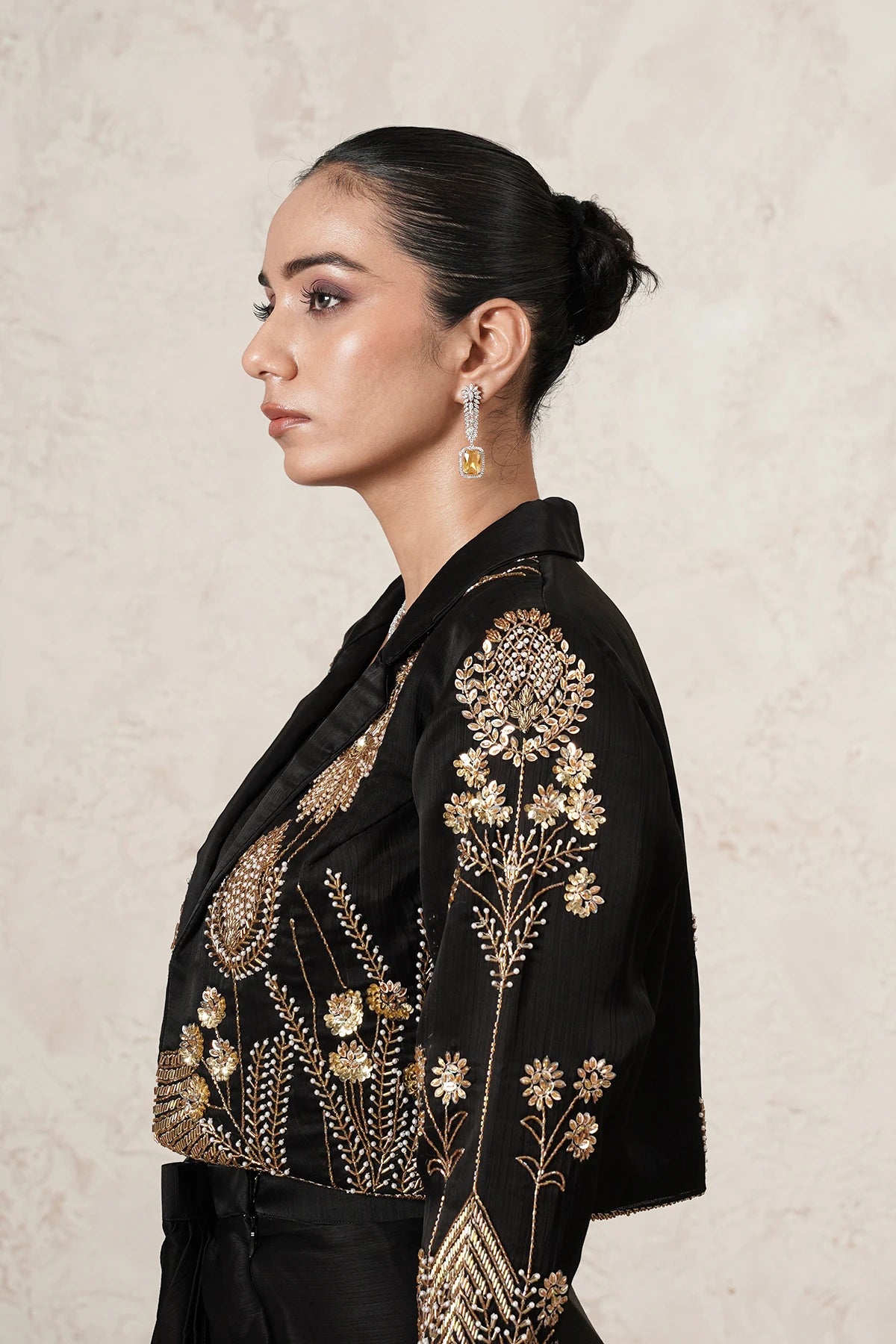 Aabhaas Dhoti Saree Set with Hand-Embroidered Cropped Jacket | Black & Antique Gold | Imported Net | Women | THETAA