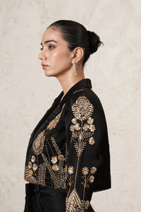 Aabhaas Dhoti Saree Set with Hand-Embroidered Cropped Jacket | Black & Antique Gold | Imported Net | Women | THETAA