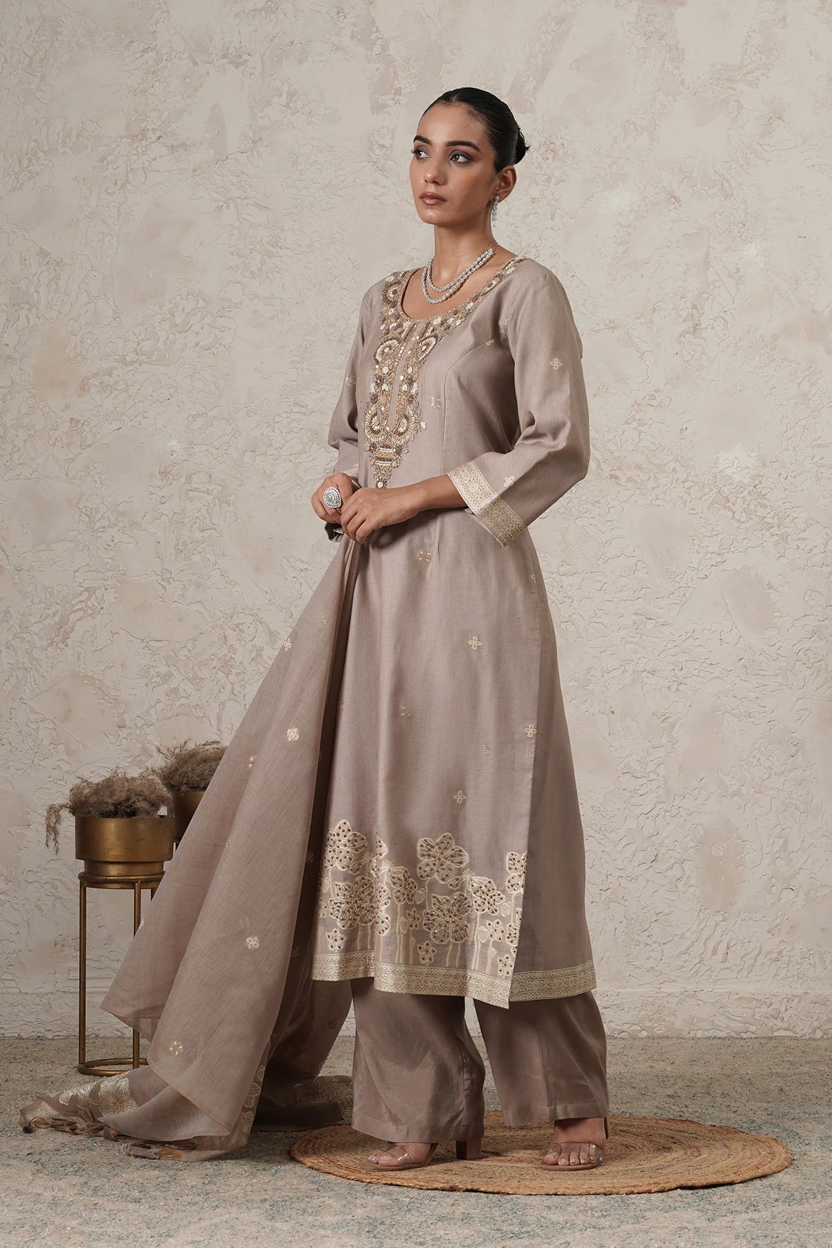 Thehraav Hand-Embroidered Kurta Palazzo Set with Dupatta | Beige | Chanderi & Satin | Women | THETAA