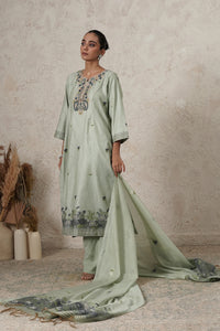 Dhaani Hand-Embroidered Kurta Set with Pants & Dupatta | Sage Green | Chanderi & Satin | Women | THETAA