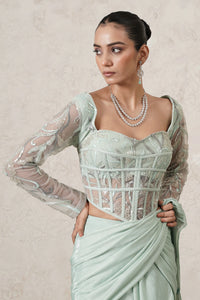 Jharokha Pre-Draped Saree with Hand-Embroidered Corset Blouse | Mint Green | Imported Net | Women | THETAA