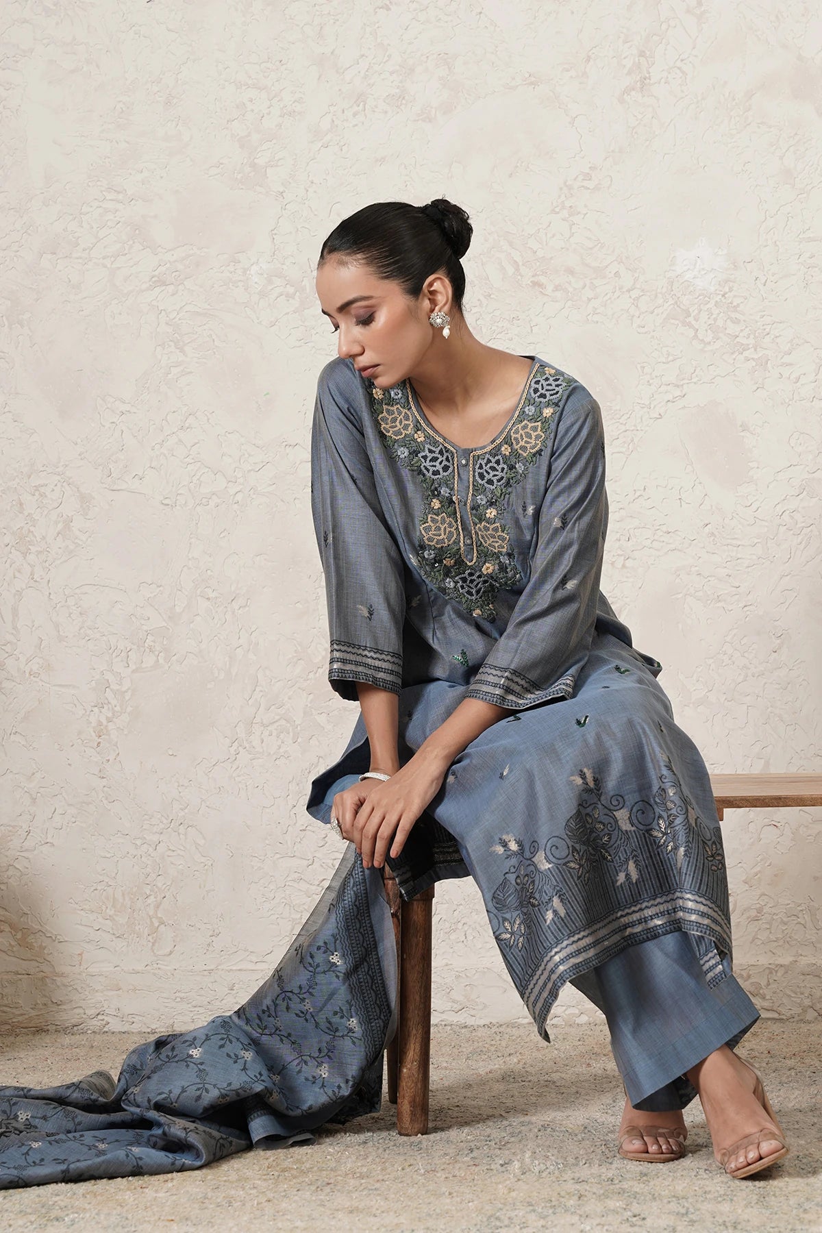Parwaaz Hand-Embroidered Kurta Set with Pants & Dupatta | Slate Blue | Chanderi & Satin | Women | THETAA