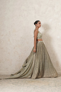 Pista Crushed Lehenga Set with Hand-Embroidered Blouse & Dupatta | Sage Green & Antique Gold | Polyester | Women | THETAA