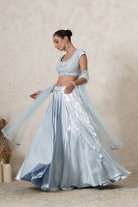 Dariya Metallic Lehenga Set with Hand-Embroidered Blouse & Dupatta | Sea Blue | Polyester & Net | Women | THETAA