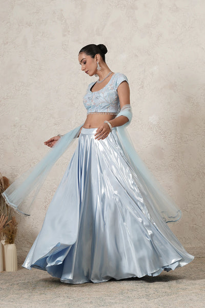 Dariya Metallic Lehenga Set with Hand-Embroidered Blouse &amp; Dupatta | Sea Blue | Polyester &amp; Net | Women | THETAA