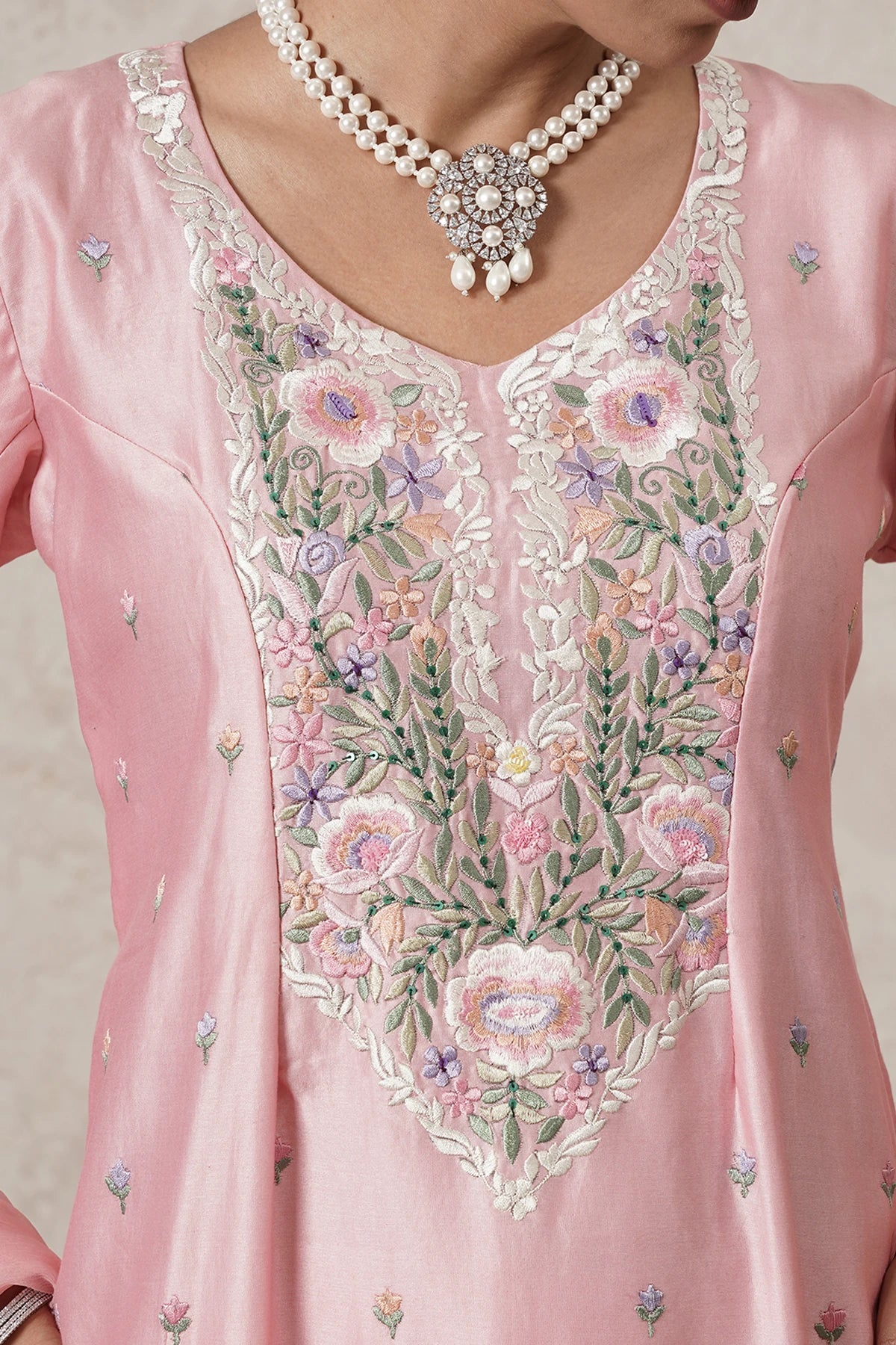 Gulnaar Hand-Embroidered A-Line Kurta Palazzo Set with Dupatta | Dark Pink | Chanderi & Satin | Women | THETAA