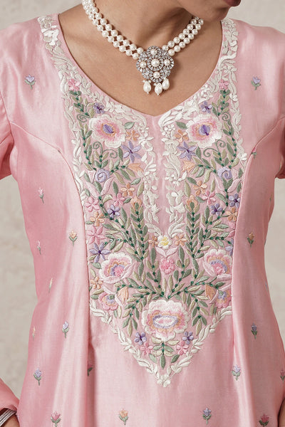 Gulnaar Hand-Embroidered A-Line Kurta Palazzo Set with Dupatta | Dark Pink | Chanderi &amp; Satin | Women | THETAA