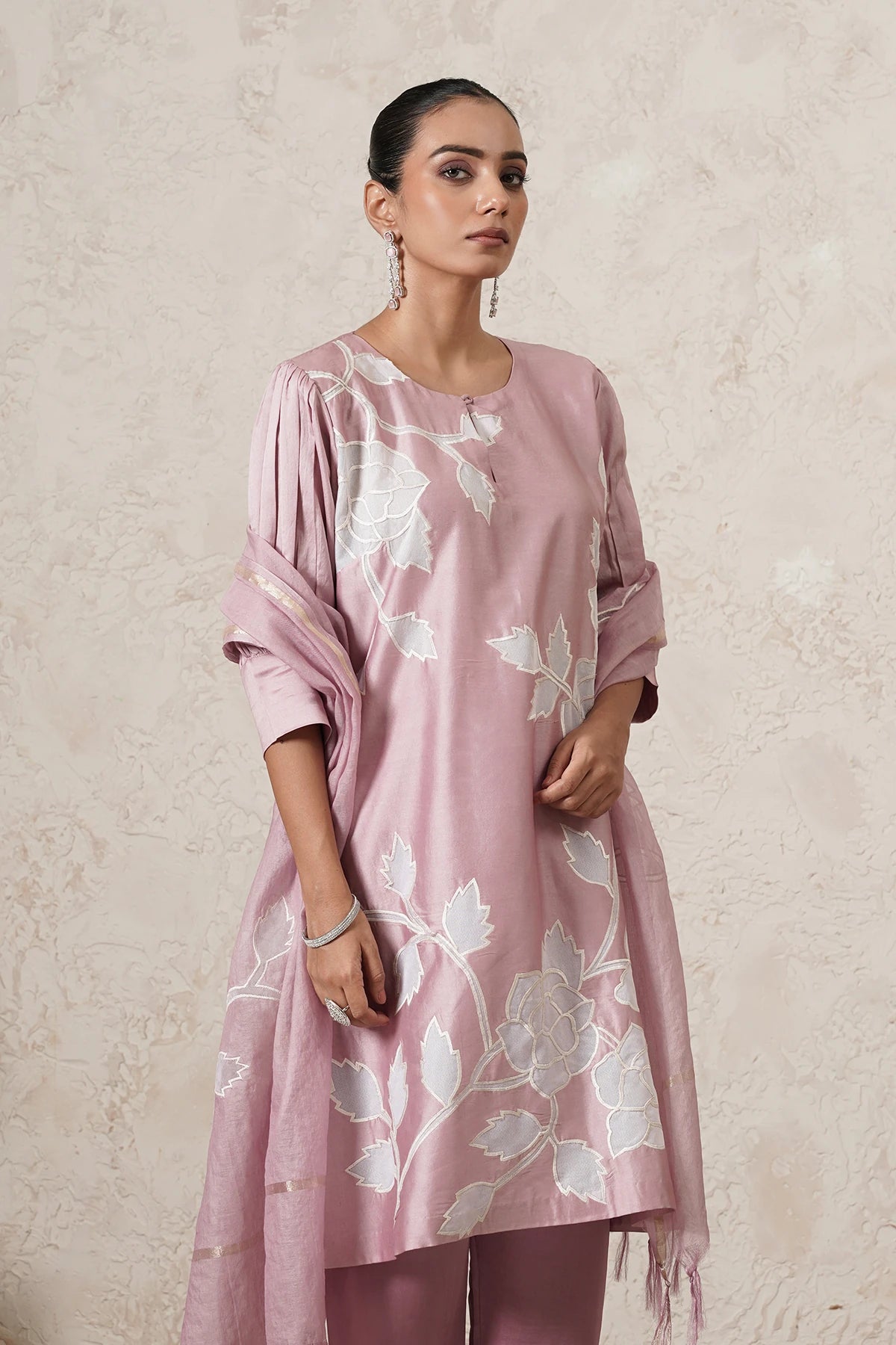 Mogra Floral Motif Kurta Set with Pants & Dupatta | Mauve Pink | Chanderi & Satin | Women | THETAA