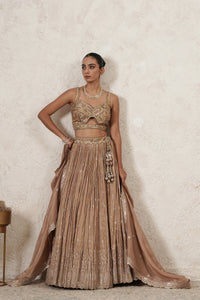 Sharbati Crushed Lehenga Set with Hand-Embroidered Blouse & Dupatta | Champagne Rose | Polyester | Women | THETAA