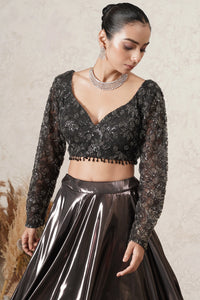 Saaya Metallic Lehenga Set with Hand-Embroidered Blouse & Dupatta | Gunmetal | Polyester & Net | Women | THETAA