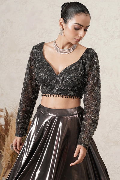 Saaya Metallic Lehenga Set with Hand-Embroidered Blouse &amp; Dupatta | Gunmetal | Polyester &amp; Net | Women | THETAA