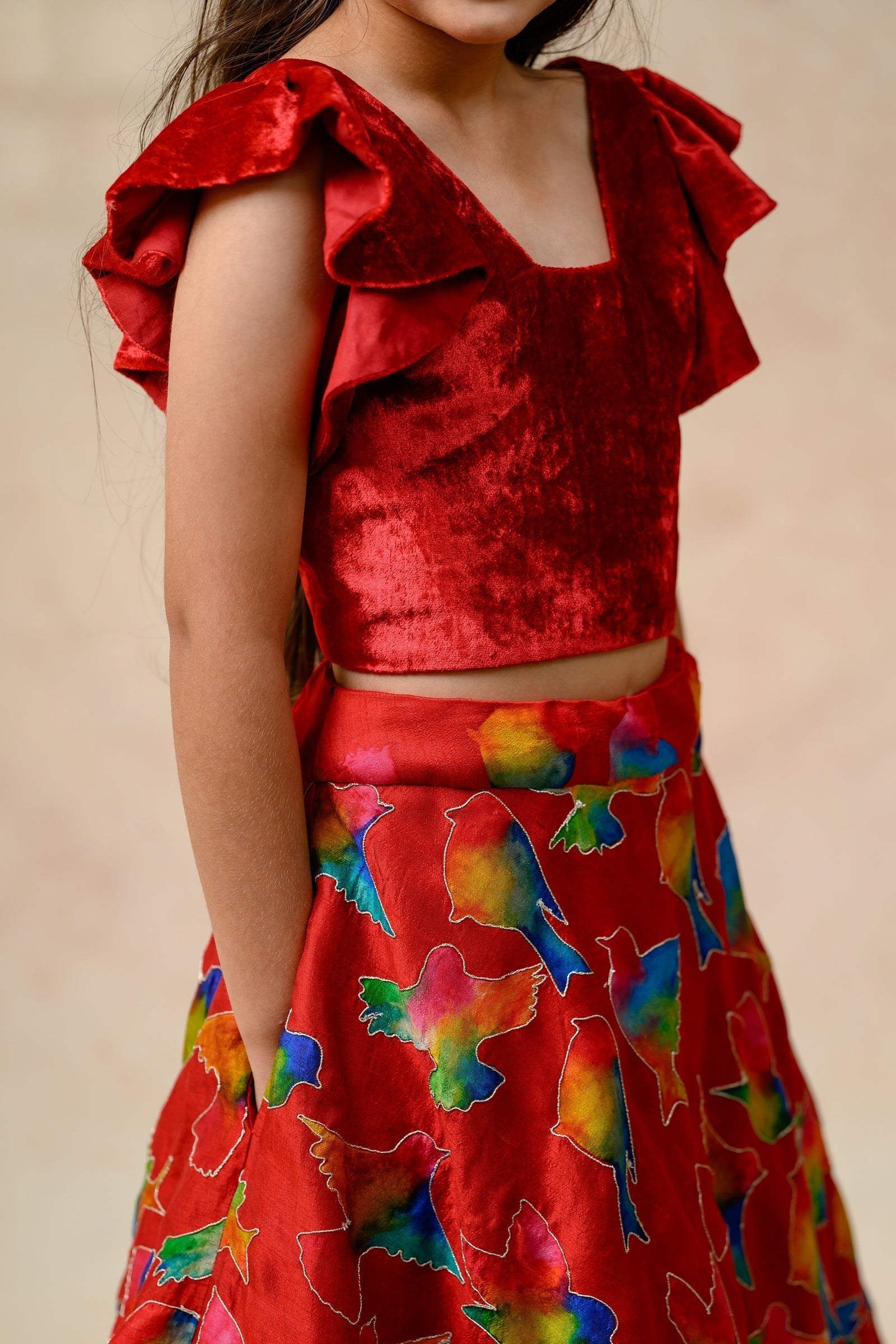 Hand Embroidered Lehenga With Ruffle Blouse And Feather Dupatta image 5