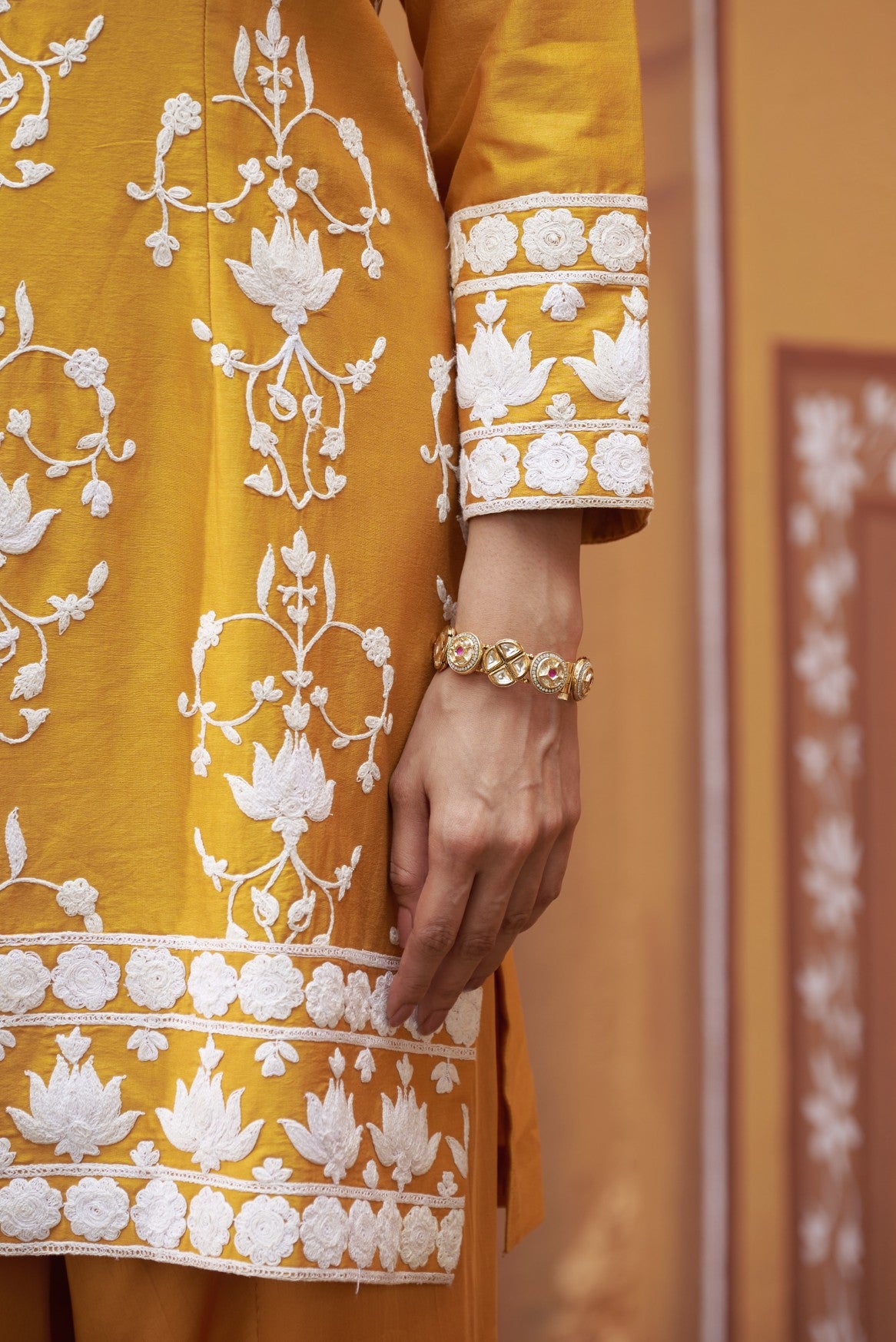 Lotus motif thread work golden yellow kurta set image 3