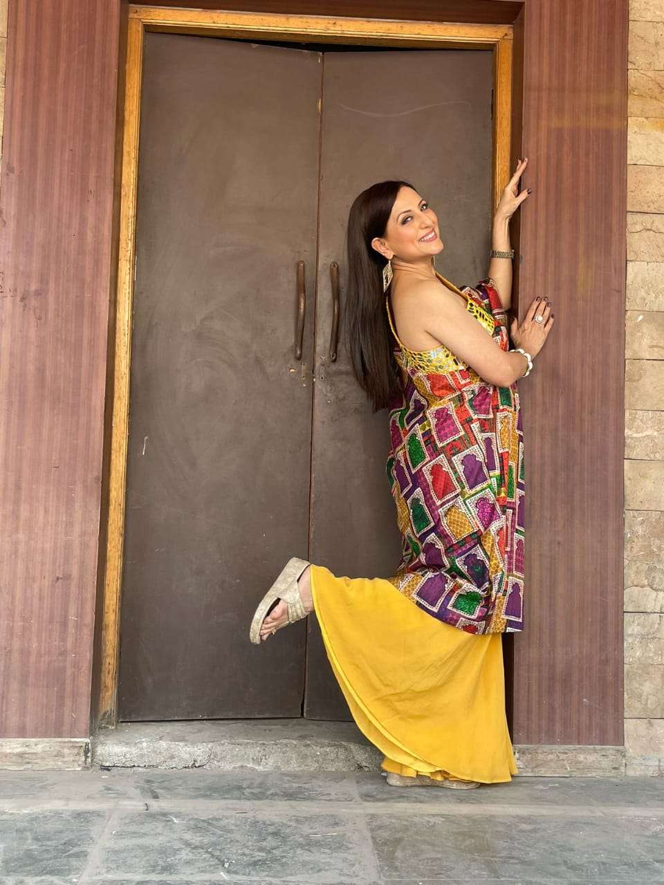 Actor Kishori Shahane (Kaku) in our Hand Embroidered Off Shoulder With Sharara image 5