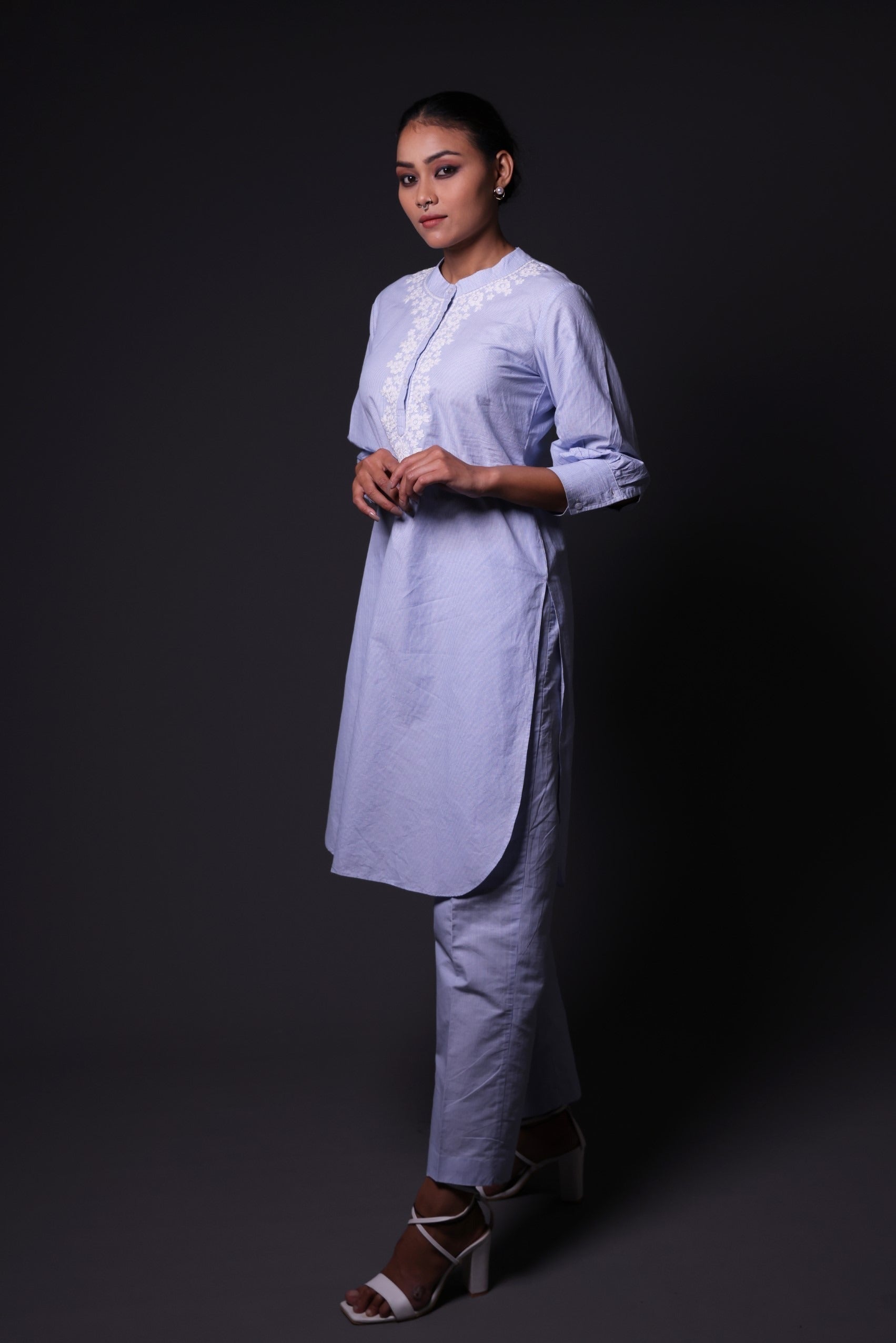 Blue and White Stripes Print Kurta with Palazzo image 3