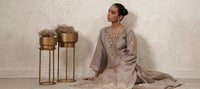 Thehraav Hand-Embroidered Kurta Palazzo Set with Dupatta | Beige | Chanderi & Satin | Women | THETAA