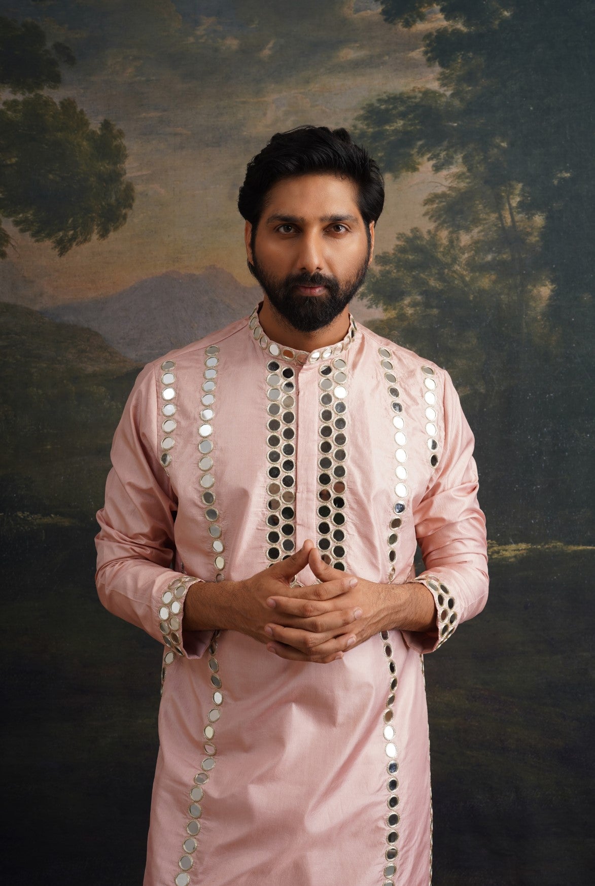 Clay pink full hand embroidered mirror work kurta set image 2