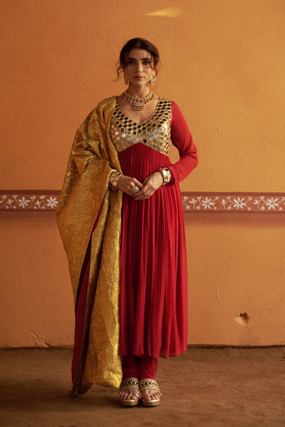 Hand-Embroidered Anarkali with twin dupatta image 3