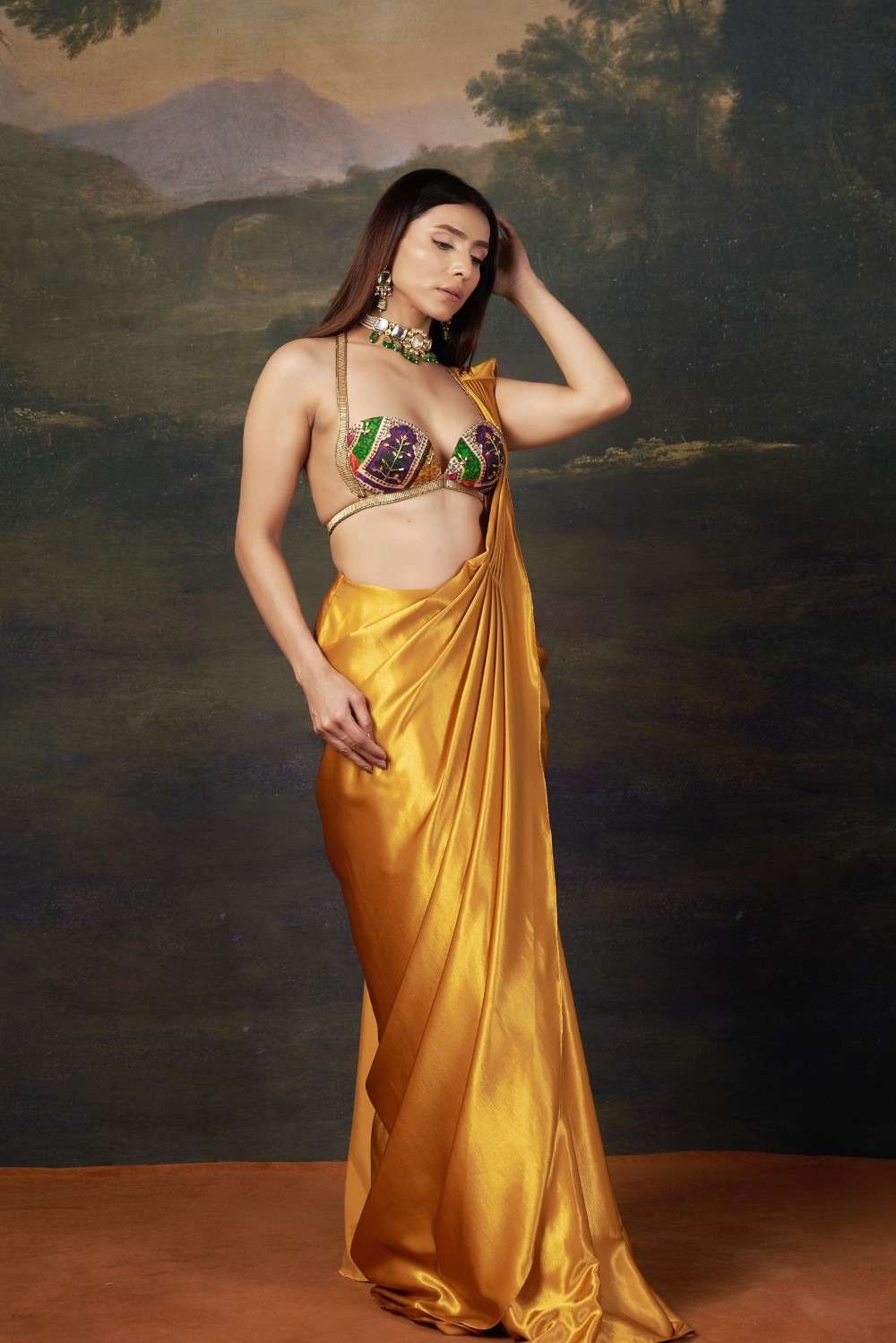 Khushi Karki in our Liquid gold saree with Cleopatra blouse image 5
