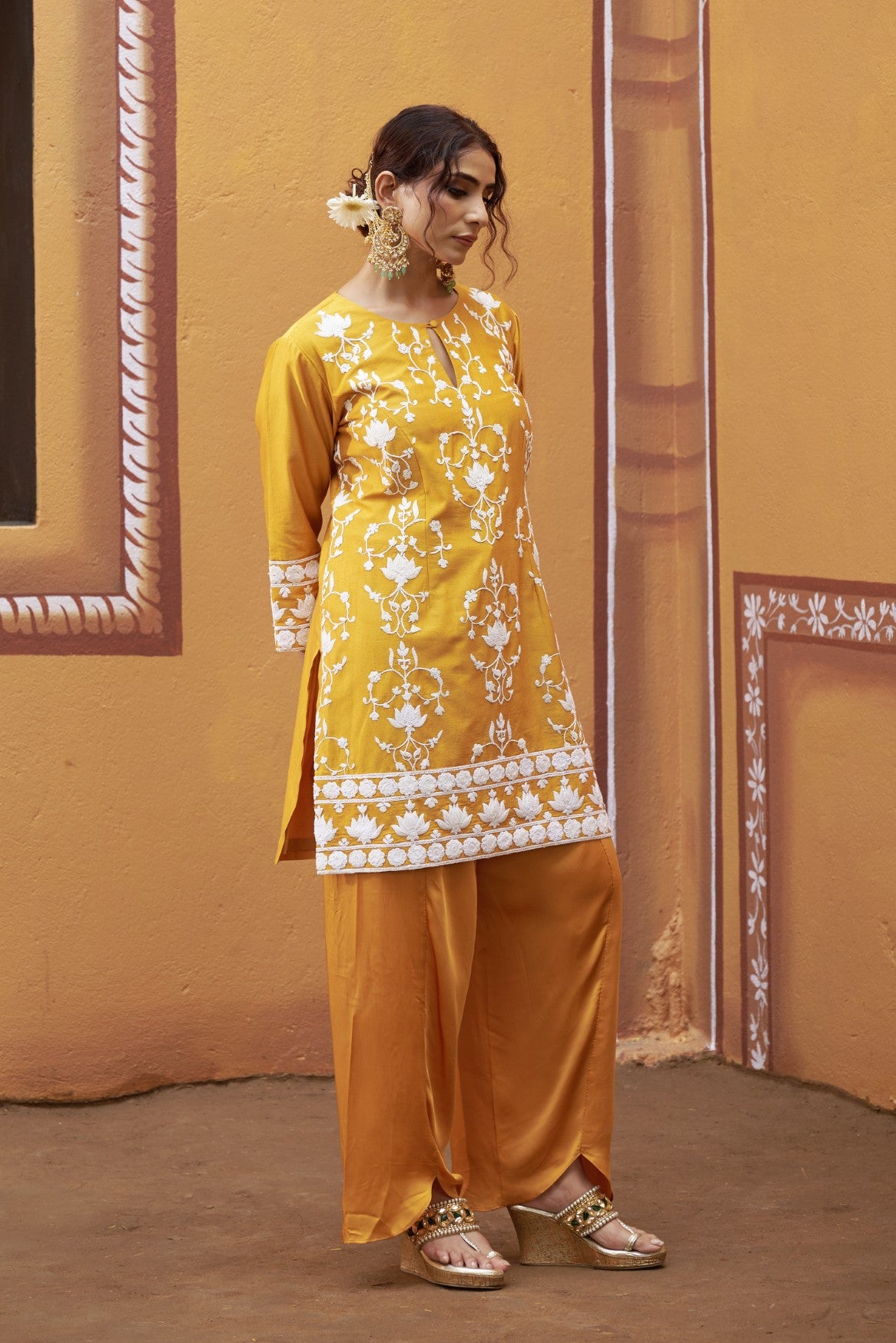 Lotus motif thread work golden yellow kurta set image 4