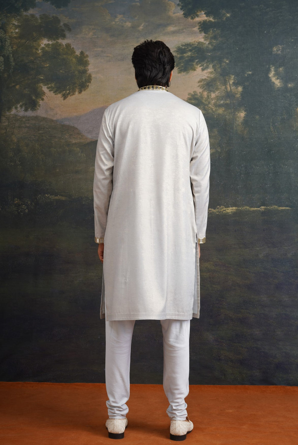 Frost grey gold fully hand embroidered mirror kurta set image 5