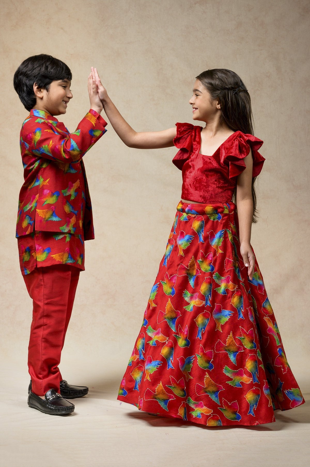 Hand Embroidered birds print twinning set for Sister + Brother image 0