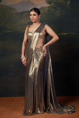 Heavy Hand-Embroidered Blouse with Pre-Draped Gold Saree image 2