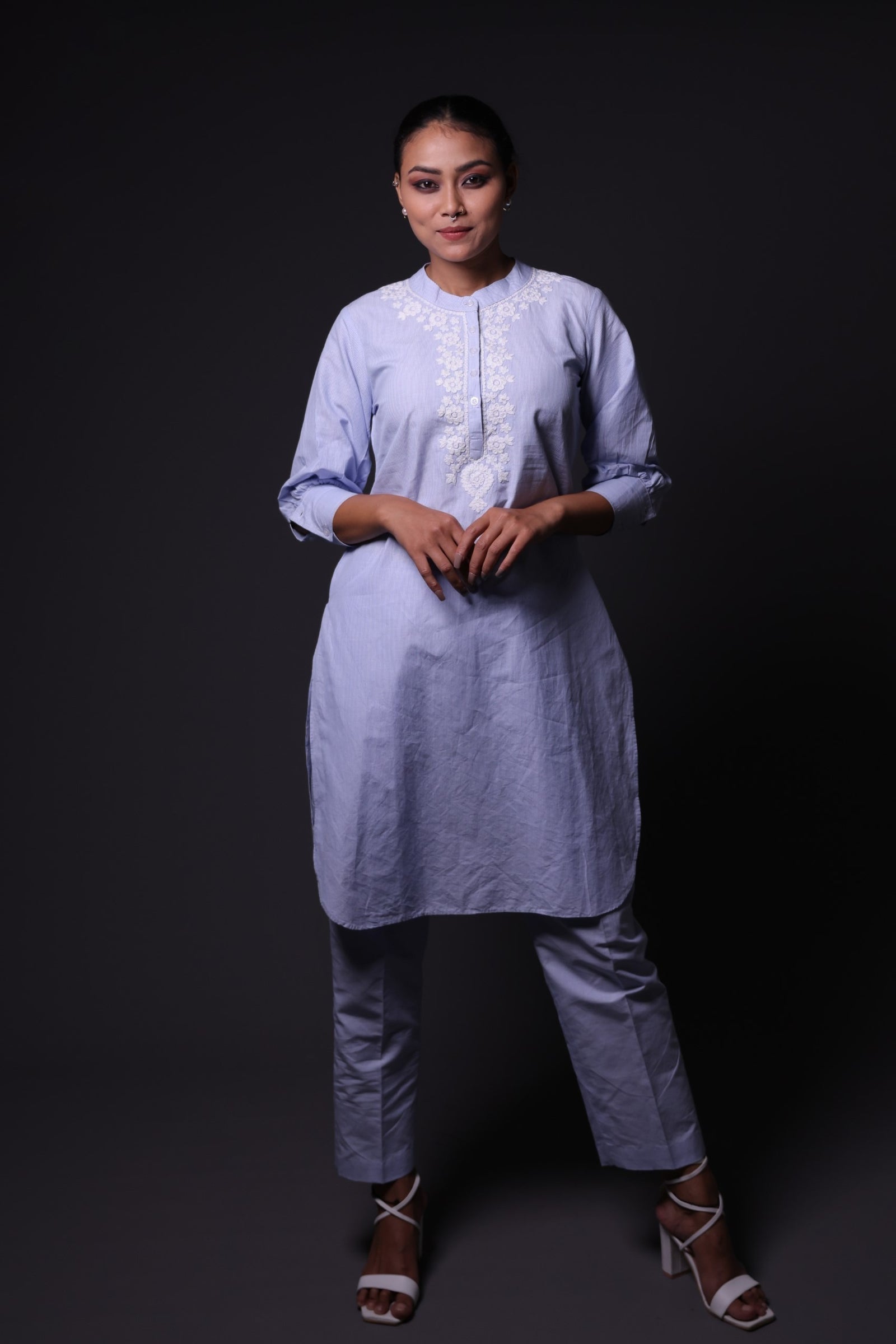 Blue and White Stripes Print Kurta with Palazzo image 2