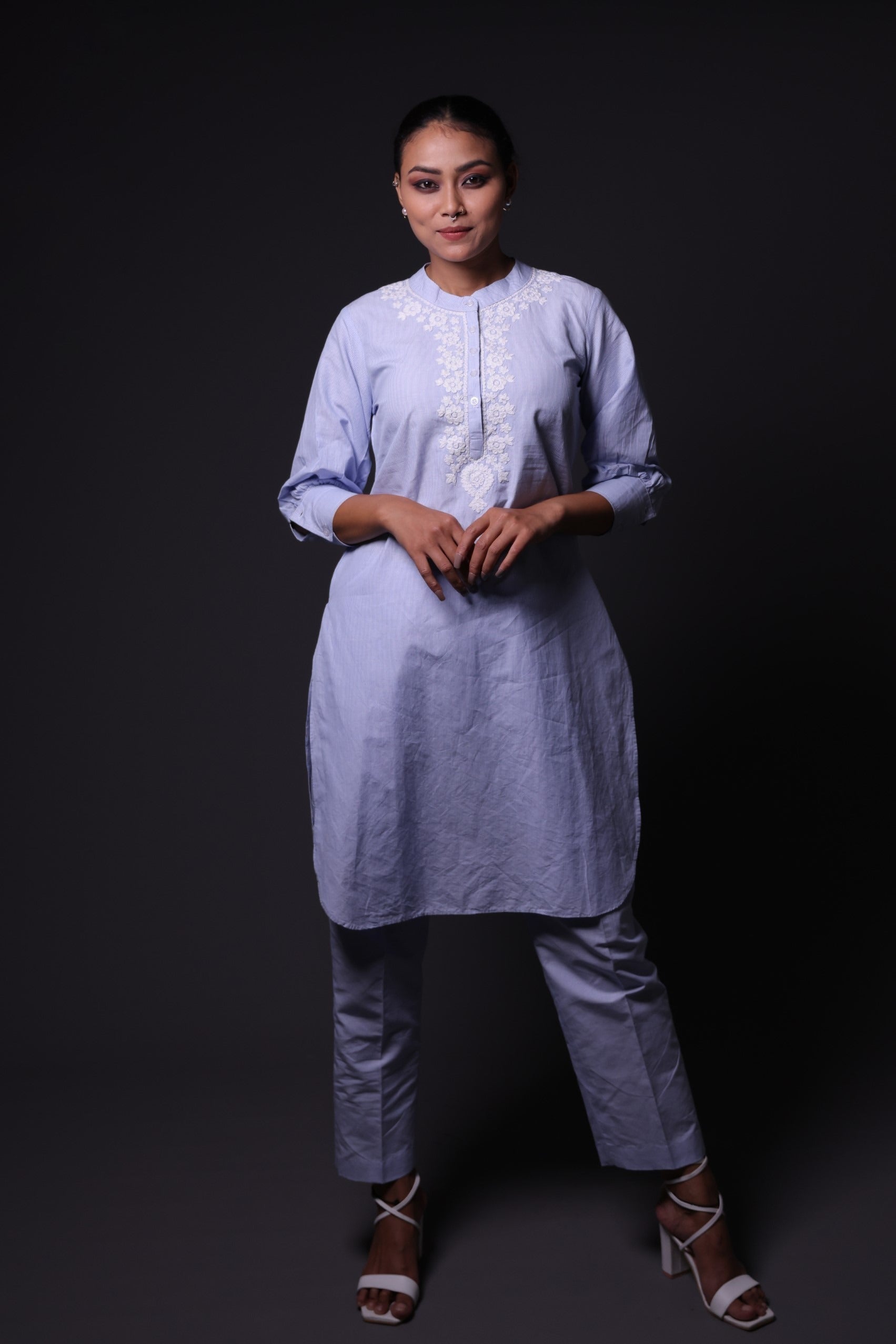 Blue and White Stripes Print Kurta with Palazzo image 2