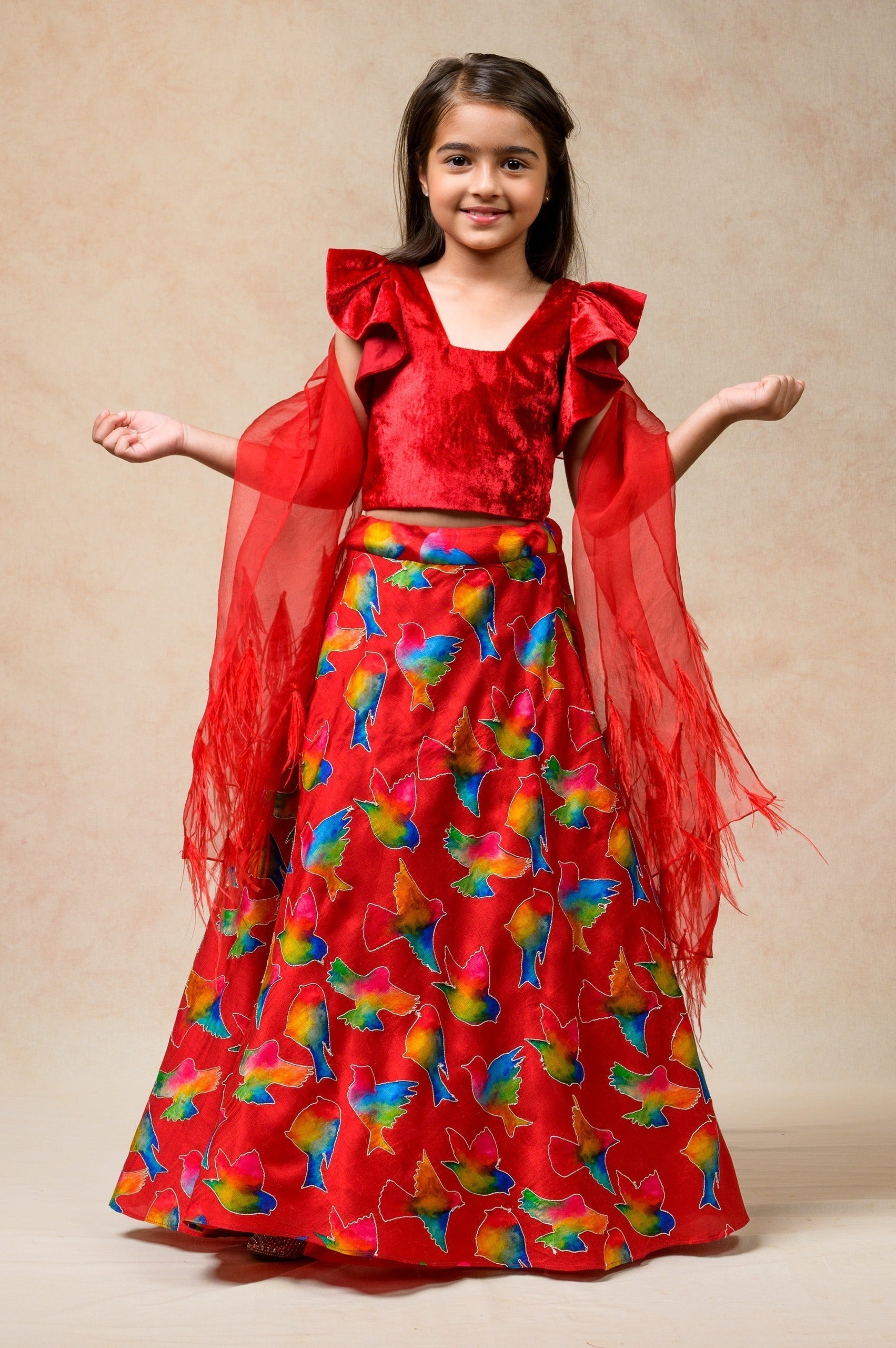 Hand Embroidered Lehenga With Ruffle Blouse And Feather Dupatta image 2