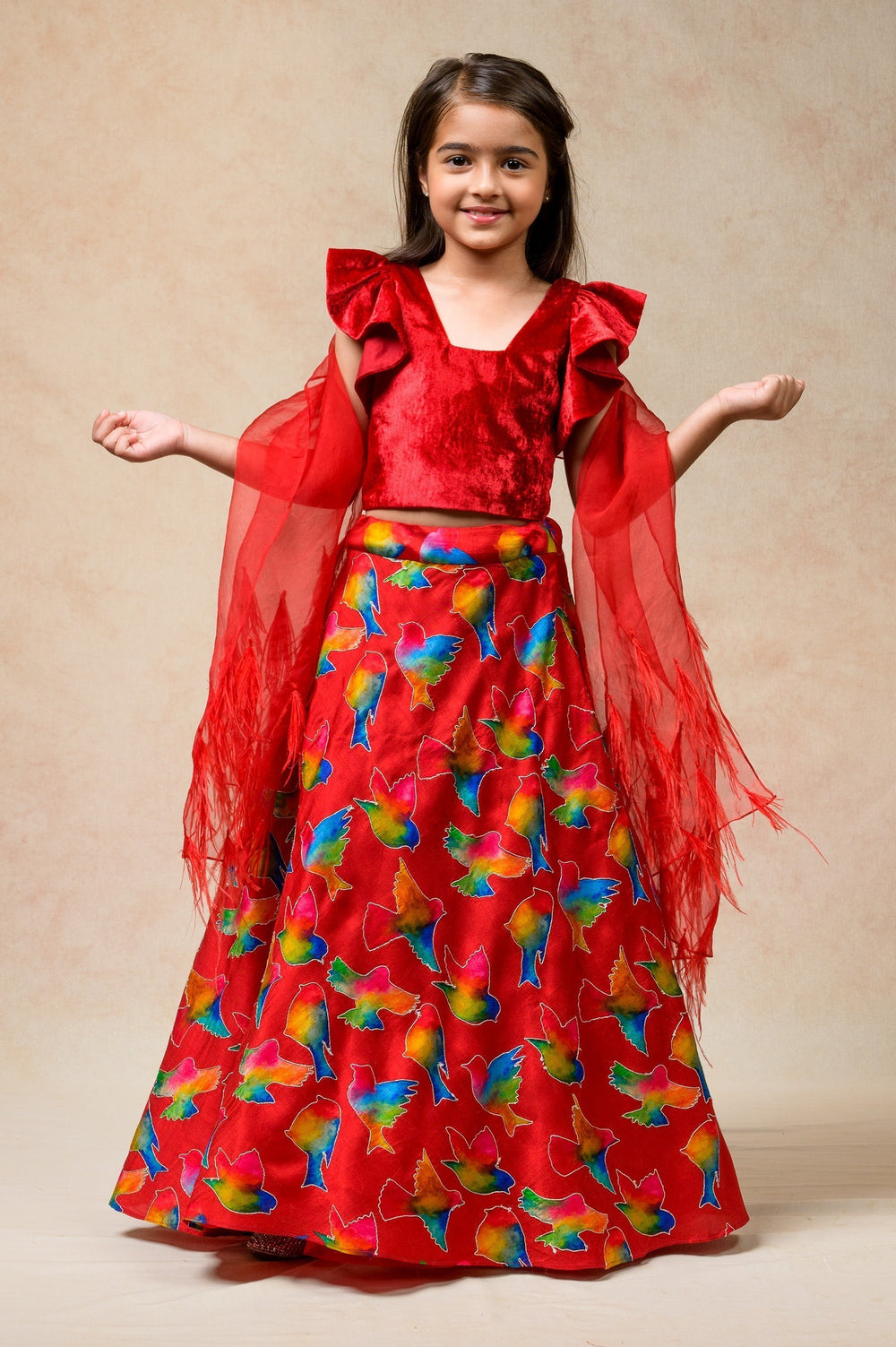 Hand Embroidered Lehenga With Ruffle Blouse And Feather Dupatta image 2