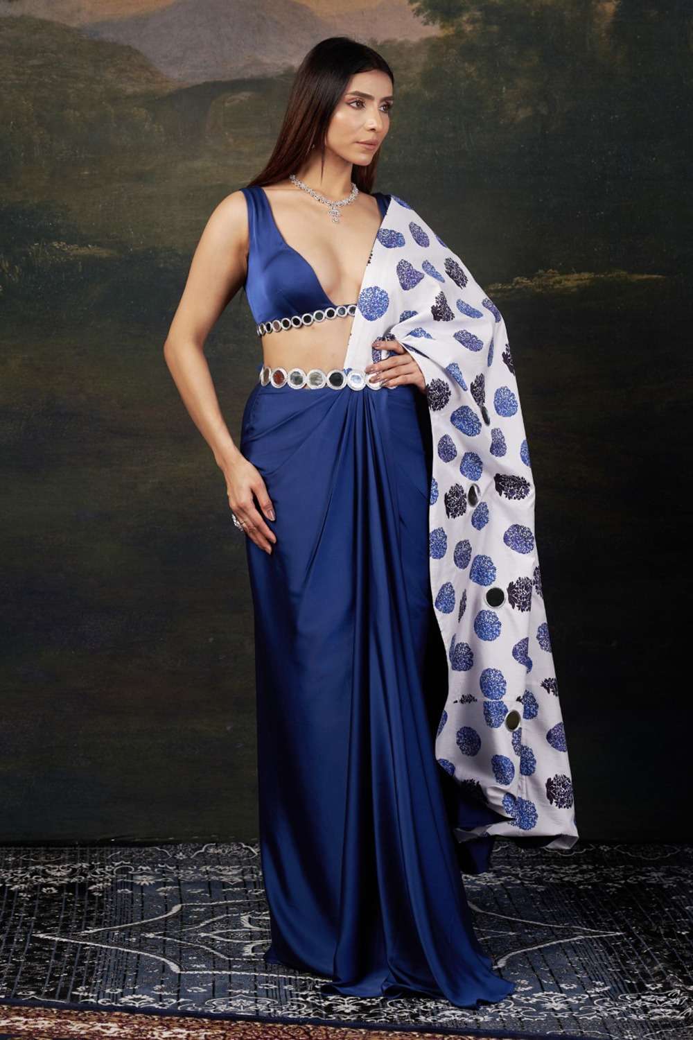 Mirror Work Blouse with Pre-Draped Buuti Print Saree image 2