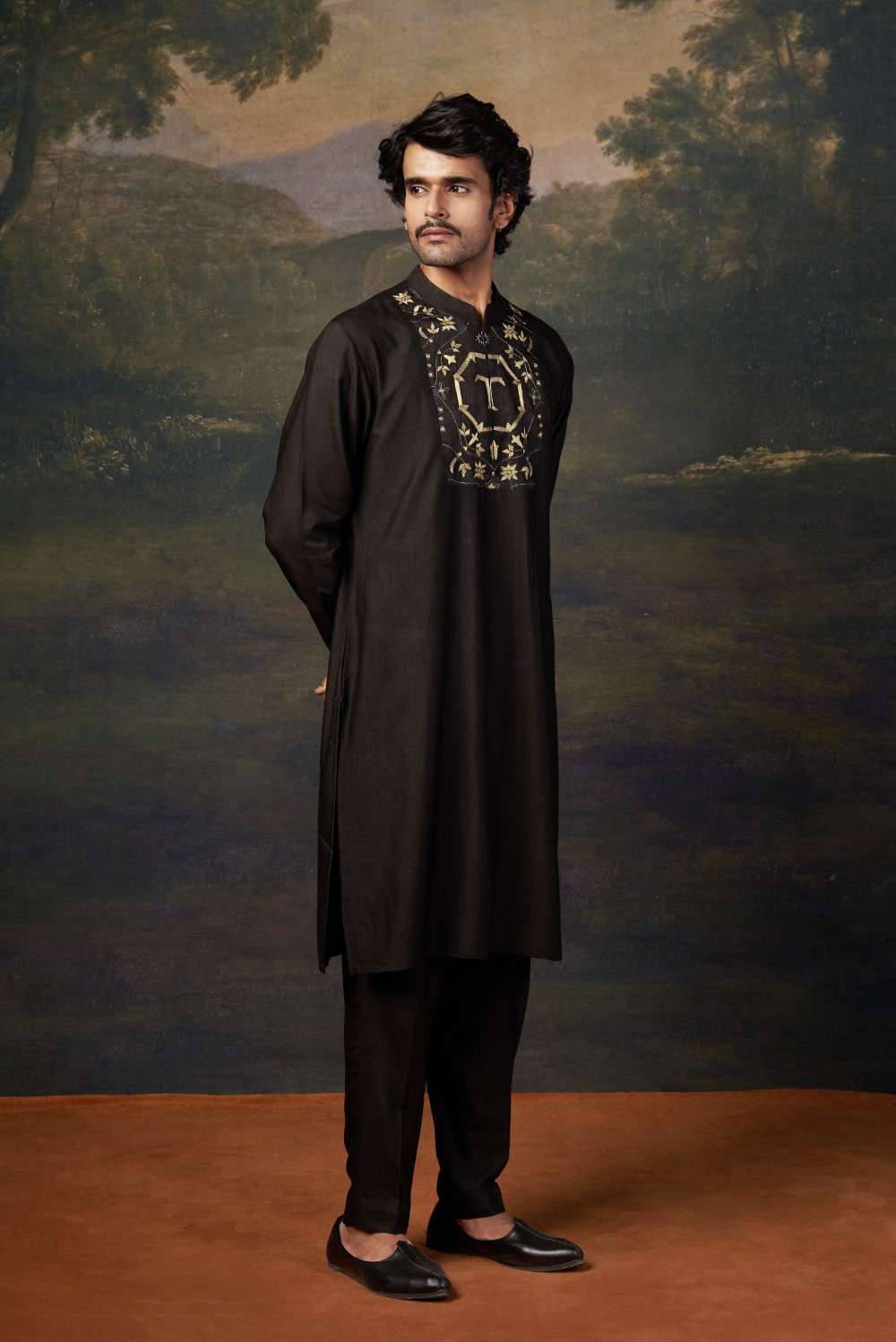 Hand-Embroidered Black Kurta Set image 3
