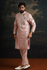 Burnt pink hand embroidered Mirror Work Kurta with Matching Pyjama image 3